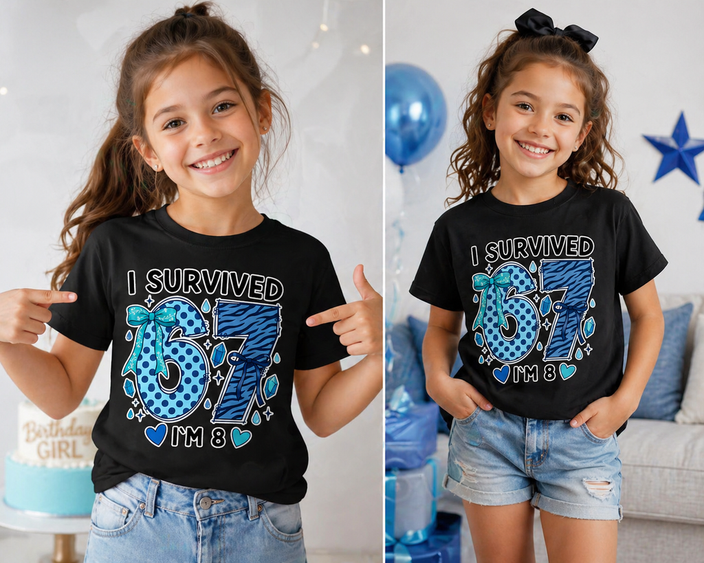 I Survived 67 I'm 8 Birthday Shirt for Girls, Funny 8th Birthday Tee, Blue Bow Zebra Print 8 Year Old Birthday Party T-Shirt